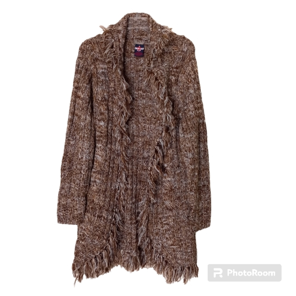 Lemo chunky open front fringed brown/cream vintage sweater XL
